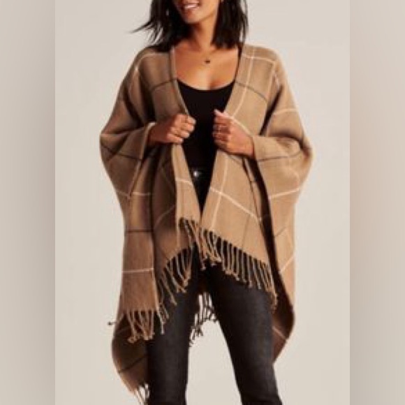 Abercrombie & Fitch Camel Brown Plaid Poncho - Picture 2 of 6